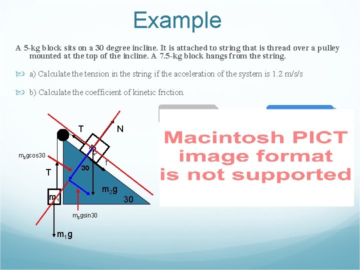 Example A 5 -kg block sits on a 30 degree incline. It is attached