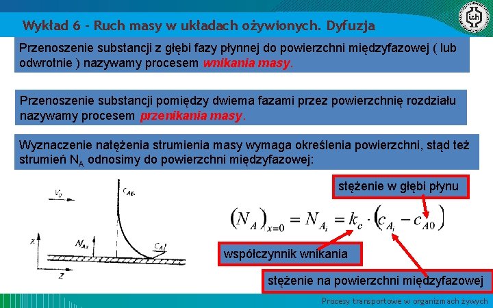 Wykład 6 – Ruch masy w układach ożywionych. Dyfuzja Przenoszenie substancji z głębi fazy