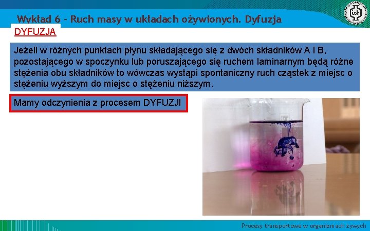 Wykład 6 – Ruch masy w układach ożywionych. Dyfuzja DYFUZJA Jeżeli w różnych punktach