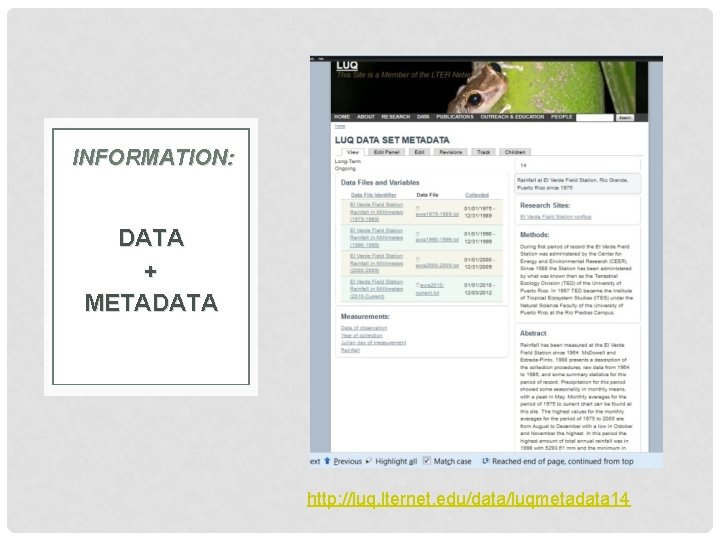 INFORMATION: DATA + METADATA http: //luq. lternet. edu/data/luqmetadata 14 