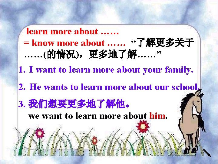 learn more about …… = know more about …… “了解更多关于 ……(的情况)，更多地了解……” 1. I want