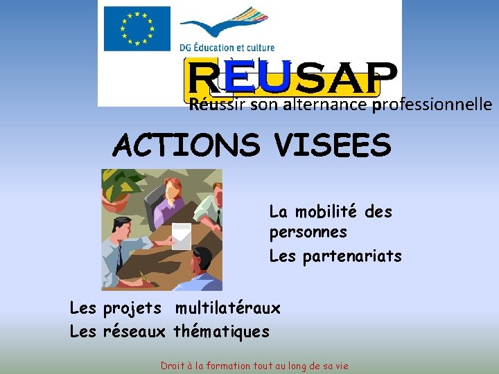 Réussir son alternance professionnelle ACTIONS VISEES La mobilité des personnes Les partenariats Les projets