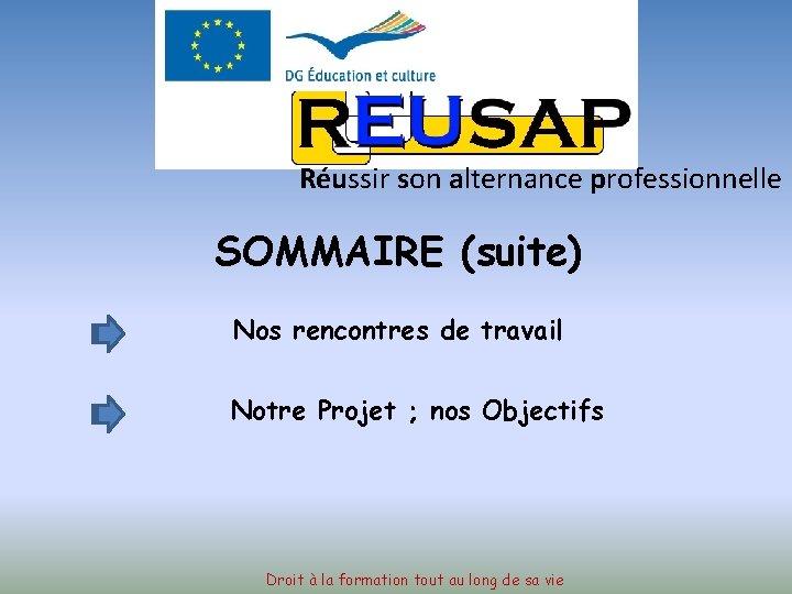 Réussir son alternance professionnelle SOMMAIRE (suite) Nos rencontres de travail Notre Projet ; nos