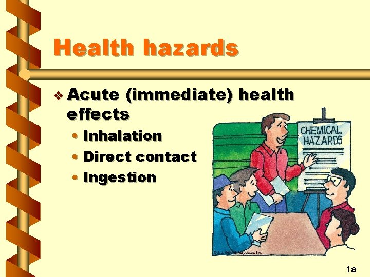 Health hazards v Acute (immediate) health effects • Inhalation • Direct contact • Ingestion