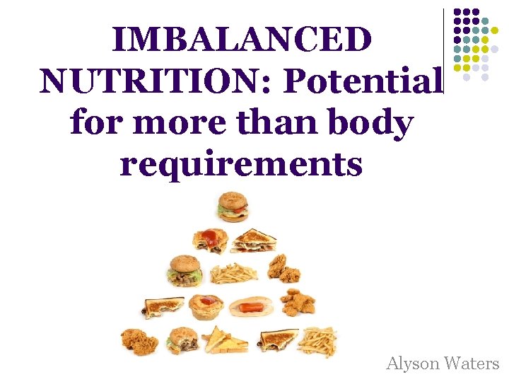 IMBALANCED NUTRITION: Potential for more than body requirements Alyson Waters IMBALANCED NUTRITION: Potential for more than body requirements Alyson Waters