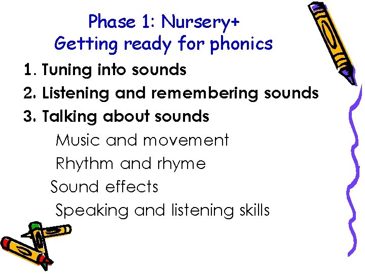 Phase 1: Nursery+ Getting ready for phonics 1. Tuning into sounds 2. Listening and