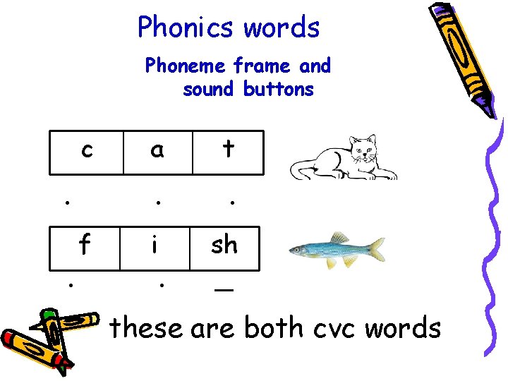 Phonics words Phoneme frame and sound buttons c . . f a t .