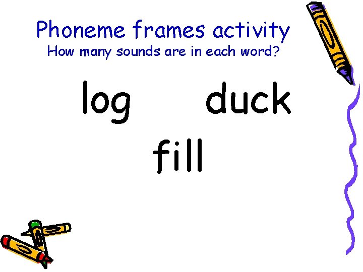 Phoneme frames activity How many sounds are in each word? log duck fill 