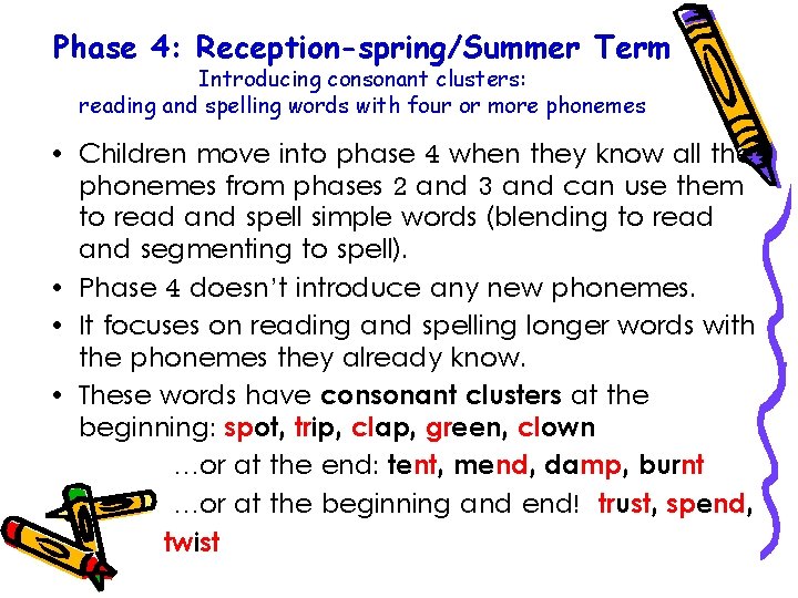 Phase 4: Reception-spring/Summer Term Introducing consonant clusters: reading and spelling words with four or