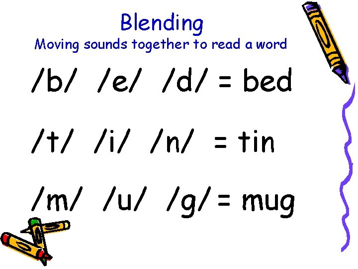 Blending Moving sounds together to read a word /b/ /e/ /d/ = bed /t/