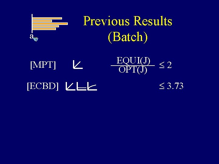 a [MPT] [ECBD] Previous Results (Batch) EQUI(J) £ 2 OPT(J) £ 3. 73 