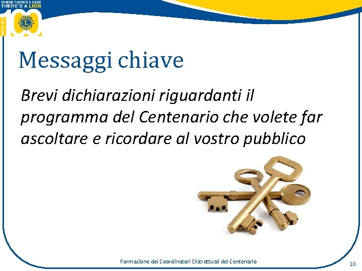 Messaggi chiave Brevi dichiarazioni riguardanti il programma del Centenario che volete far ascoltare e