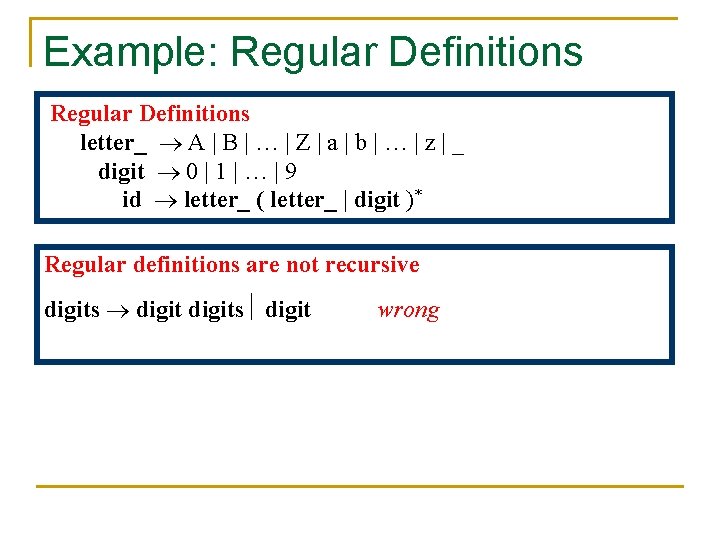 Example: Regular Definitions letter_ A | B | … | Z | a |