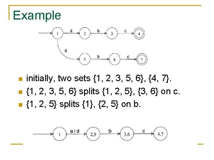 Example n n n initially, two sets {1, 2, 3, 5, 6}, {4, 7}.