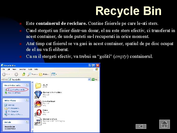 Recycle Bin n n Este containerul de reciclare. Contine fisierele pe care le-ati sters.
