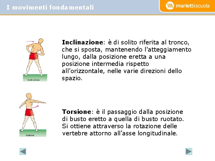 I movimenti fondamentali Inclinazione: è di solito riferita al tronco, che si sposta, mantenendo