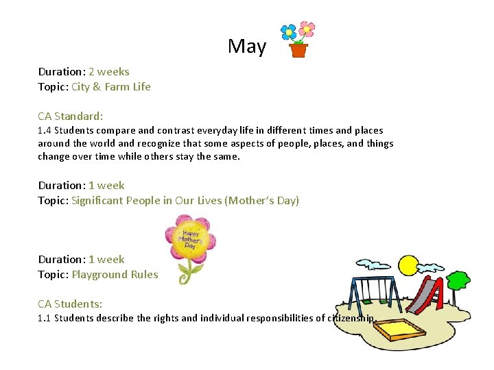 May Duration: 2 weeks Topic: City & Farm Life CA Standard: 1. 4 Students