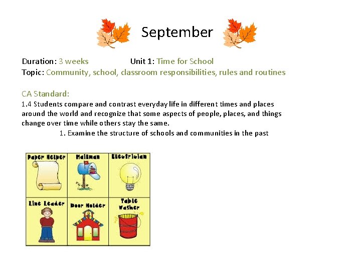 September Duration: 3 weeks Unit 1: Time for School Topic: Community, school, classroom responsibilities,