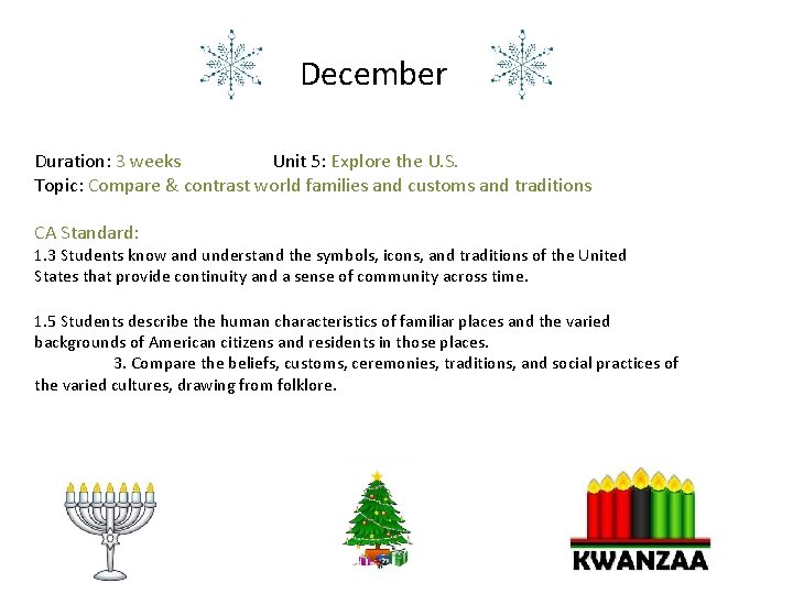 December Duration: 3 weeks Unit 5: Explore the U. S. Topic: Compare & contrast