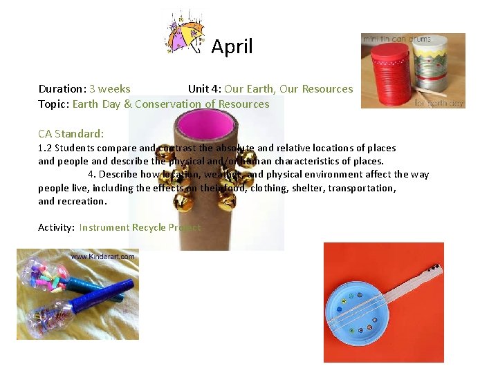 April Duration: 3 weeks Unit 4: Our Earth, Our Resources Topic: Earth Day &