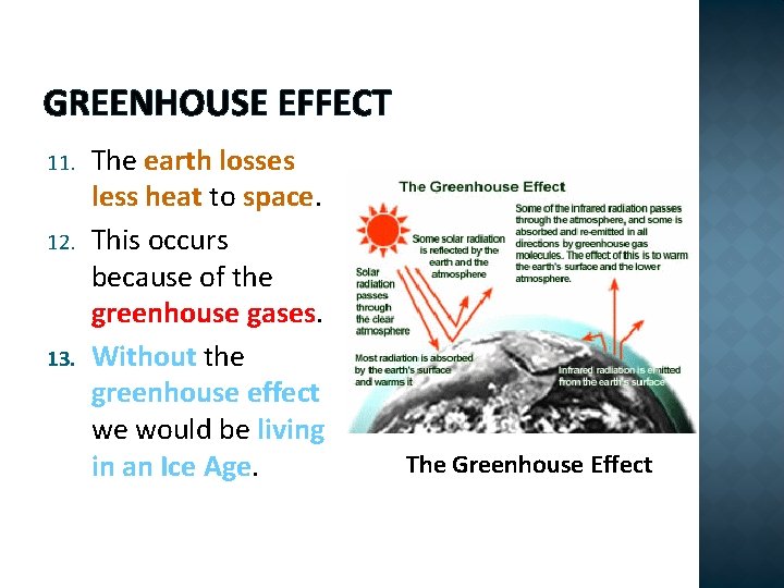 GREENHOUSE EFFECT 11. 12. 13. The earth losses less heat to space. This occurs