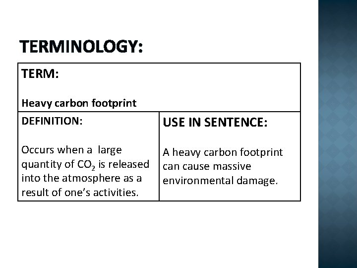 TERMINOLOGY: TERM: Heavy carbon footprint DEFINITION: Occurs when a large quantity of CO 2