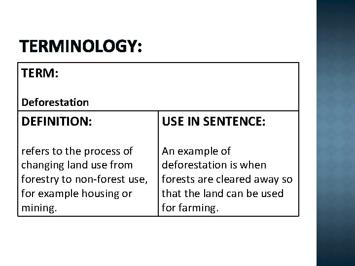 TERMINOLOGY: TERM: Deforestation DEFINITION: USE IN SENTENCE: refers to the process of changing land