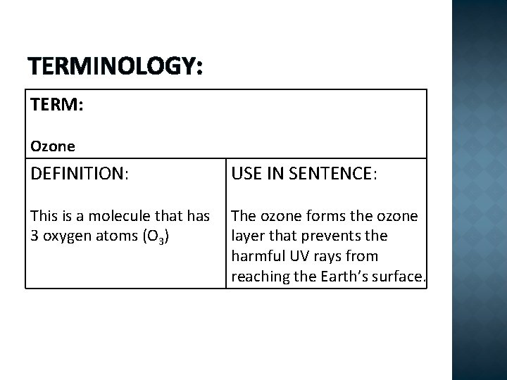 TERMINOLOGY: TERM: Ozone DEFINITION: USE IN SENTENCE: This is a molecule that has 3