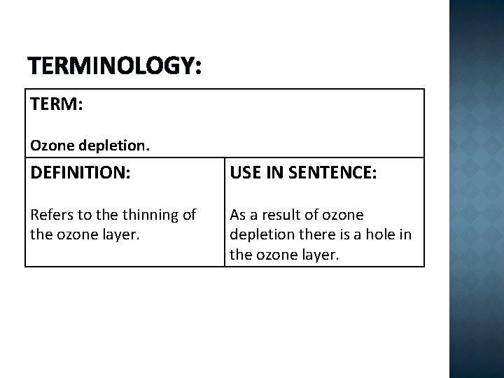TERMINOLOGY: TERM: Ozone depletion. DEFINITION: USE IN SENTENCE: Refers to the thinning of the