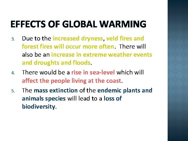 EFFECTS OF GLOBAL WARMING 3. 4. 5. Due to the increased dryness, veld fires