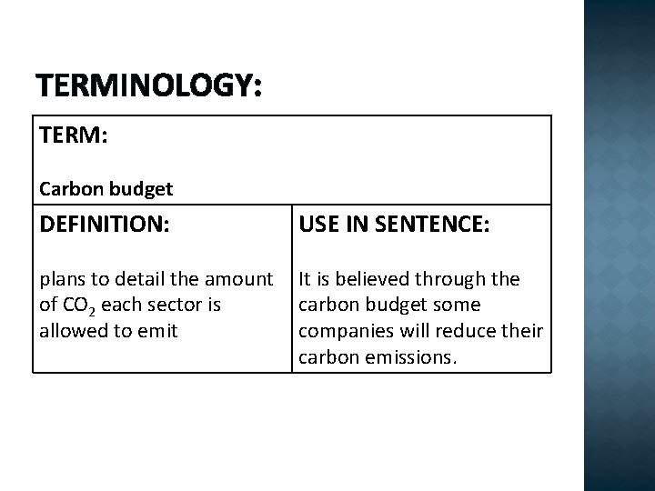 TERMINOLOGY: TERM: Carbon budget DEFINITION: USE IN SENTENCE: plans to detail the amount of