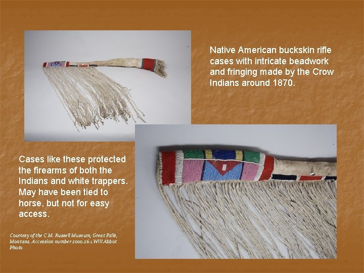 Native American buckskin rifle cases with intricate beadwork and fringing made by the Crow
