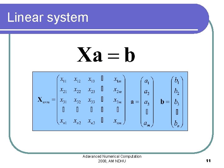 Linear system Adavanced Numerical Computation 2008, AM NDHU 11 