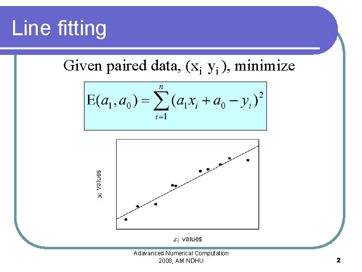 Line fitting Given paired data, (xi yi ), minimize Adavanced Numerical Computation 2008, AM