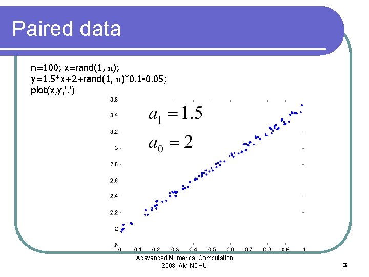 Paired data n=100; x=rand(1, n); y=1. 5*x+2+rand(1, n)*0. 1 -0. 05; plot(x, y, '.