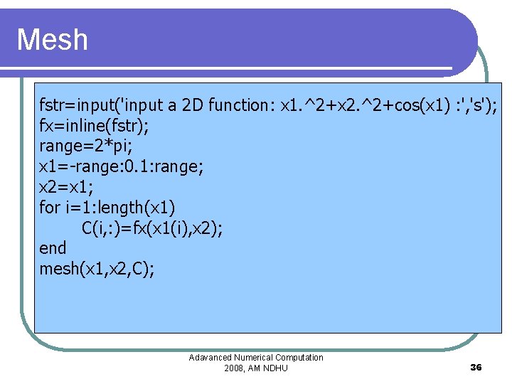 Mesh fstr=input('input a 2 D function: x 1. ^2+x 2. ^2+cos(x 1) : ',