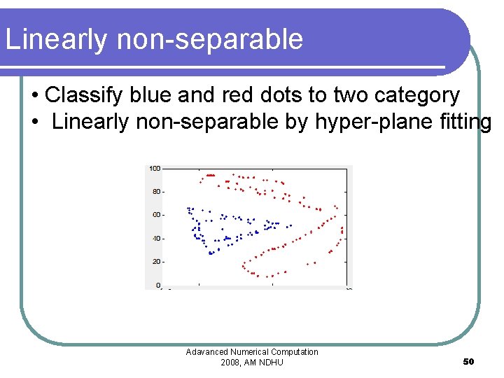 Linearly non-separable • Classify blue and red dots to two category • Linearly non-separable