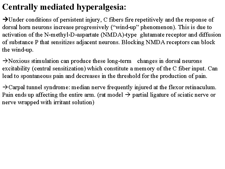 Centrally mediated hyperalgesia: Under conditions of persistent injury, C fibers fire repetitively and the