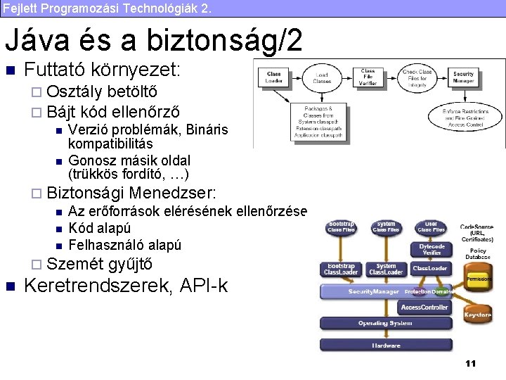 Fejlett Programozási Technológiák 2. Jáva és a biztonság/2 n Futtató környezet: ¨ Osztály betöltő