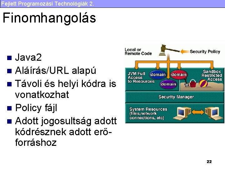 Fejlett Programozási Technológiák 2. Finomhangolás Java 2 n Aláírás/URL alapú n Távoli és helyi