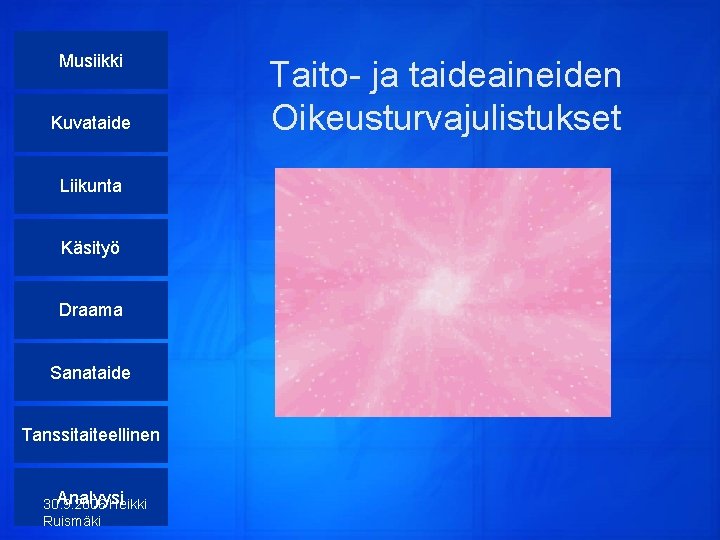 Musiikki Kuvataide Liikunta Käsityö Draama Sanataide Tanssitaiteellinen Analyysi 30. 9. 2006 Heikki Ruismäki Taito-