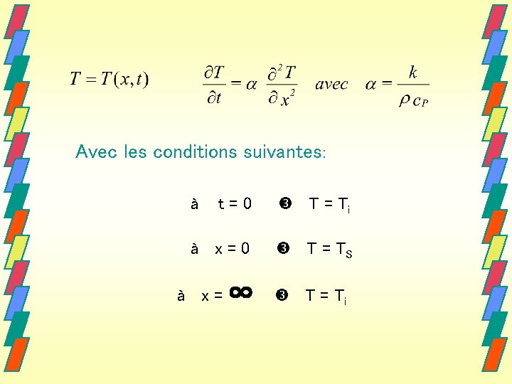 Avec les conditions suivantes: t=0 T = Ti à x=0 T = TS à Avec les conditions suivantes: t=0 T = Ti à x=0 T = TS à
