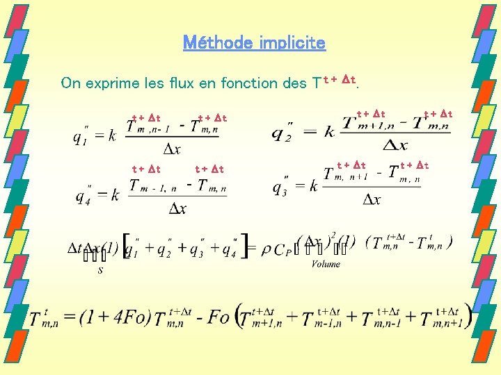 Méthode implicite On exprime les flux en fonction des T t + Δt t Méthode implicite On exprime les flux en fonction des T t + Δt t