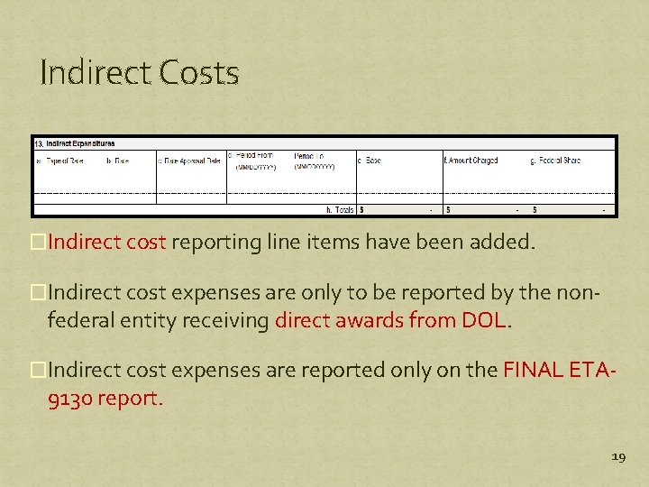 Indirect Costs �Indirect cost reporting line items have been added. �Indirect cost expenses are Indirect Costs �Indirect cost reporting line items have been added. �Indirect cost expenses are