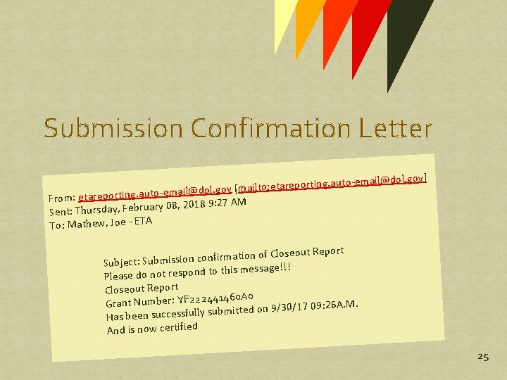 Submission Confirmation Letter ov] uto-email@dol. g. a ng ti or ep ar et o: