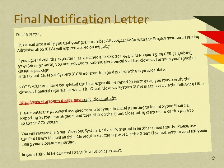 Final Notification Letter Dear Grantee, Employment and Training e th th wi 0 0 Final Notification Letter Dear Grantee, Employment and Training e th th wi 0 0