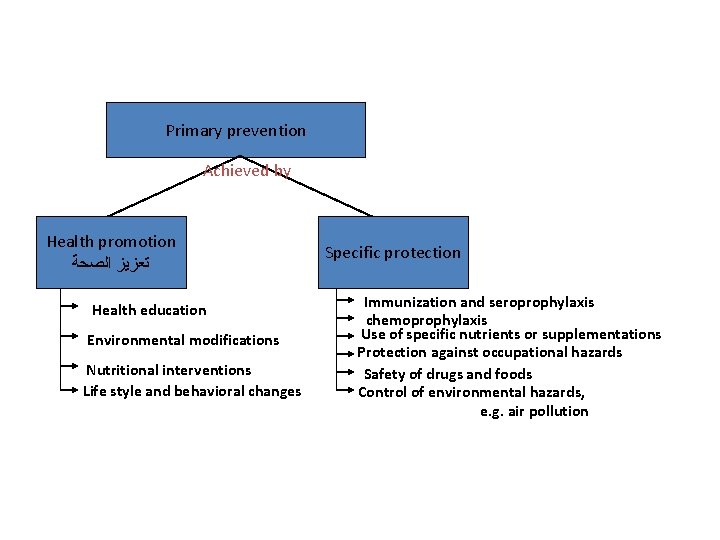 Primary prevention Achieved by Health promotion ﺗﻌﺰﻳﺰ ﺍﻟﺼﺤﺔ Health education Environmental modifications Nutritional interventions