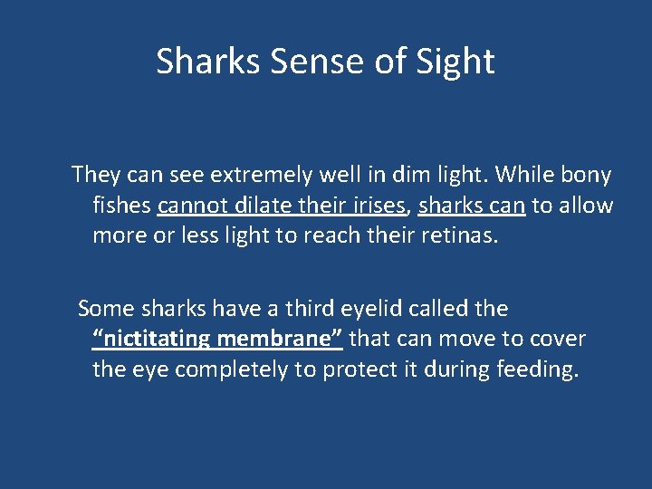 Sharks Sense of Sight They can see extremely well in dim light. While bony