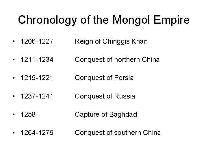 Chronology of the Mongol Empire • 1206 -1227 Reign of Chinggis Khan • 1211