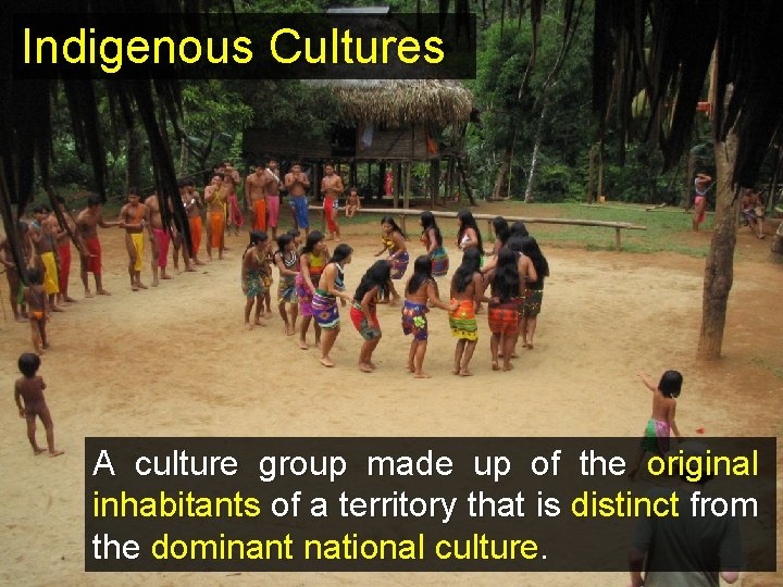 Indigenous Cultures A culture group made up of the original inhabitants of a territory